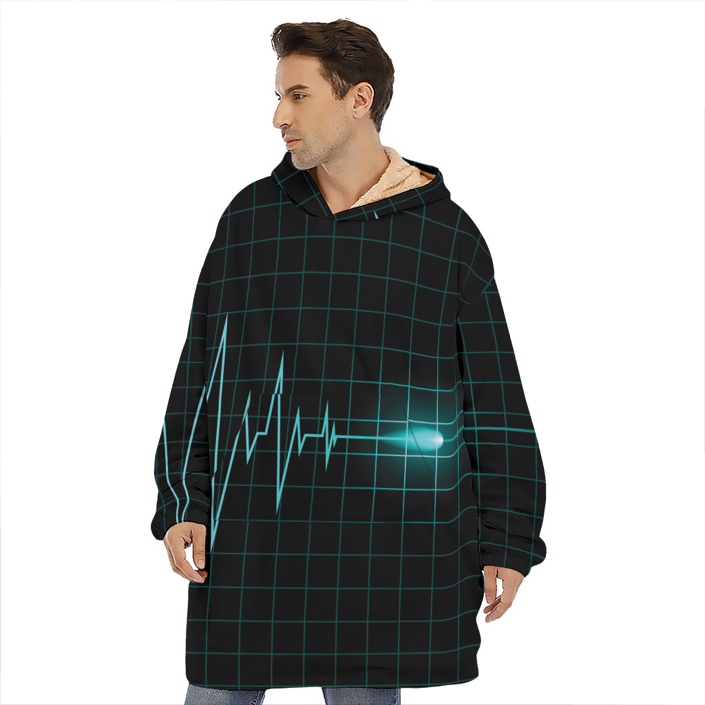 Teal Heartbeat Print Hoodie Blanket