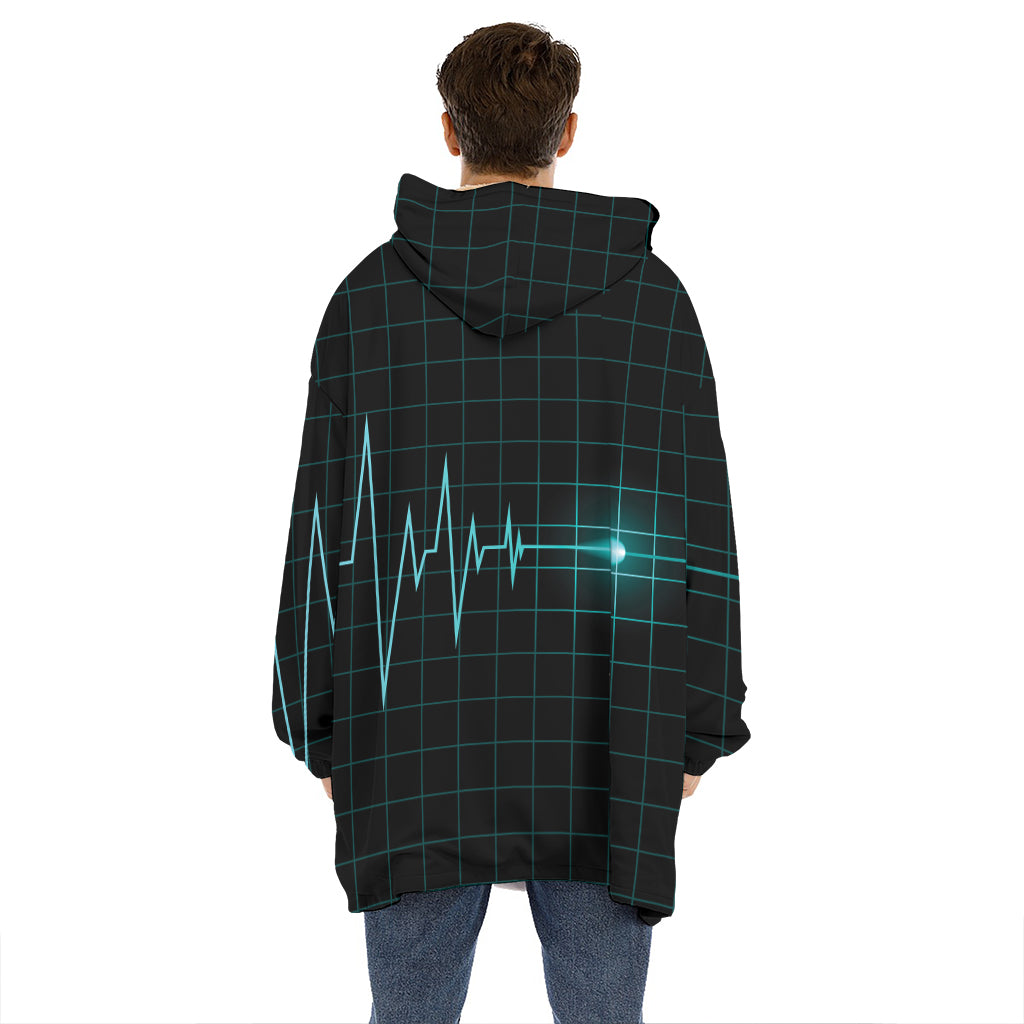 Teal Heartbeat Print Hoodie Blanket