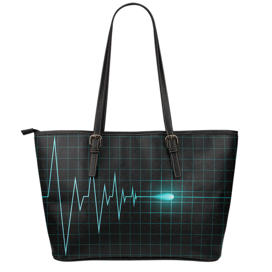 Teal Heartbeat Print Leather Tote Bag