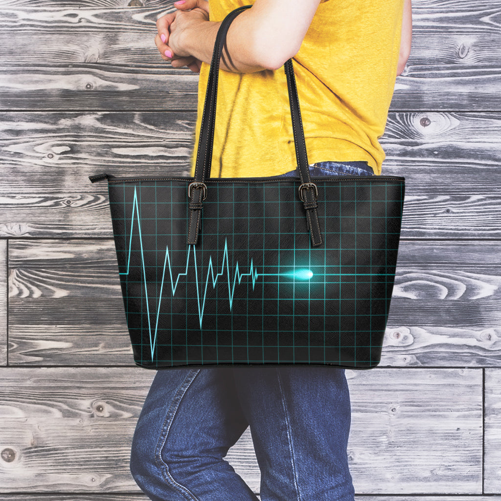 Teal Heartbeat Print Leather Tote Bag