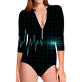 Teal Heartbeat Print Long Sleeve Swimsuit