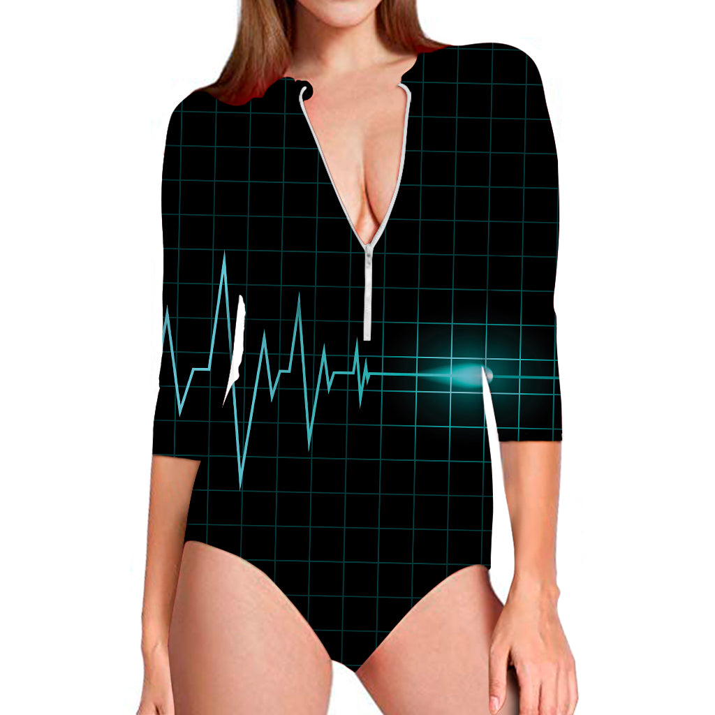 Teal Heartbeat Print Long Sleeve Swimsuit