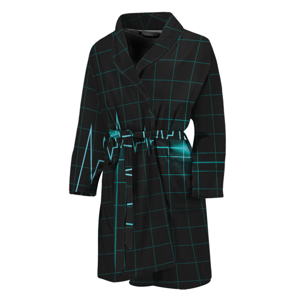 Teal Heartbeat Print Men's Bathrobe