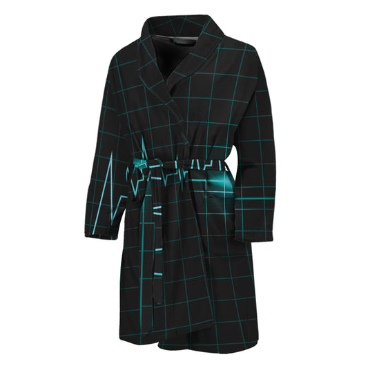 Teal Heartbeat Print Men's Bathrobe