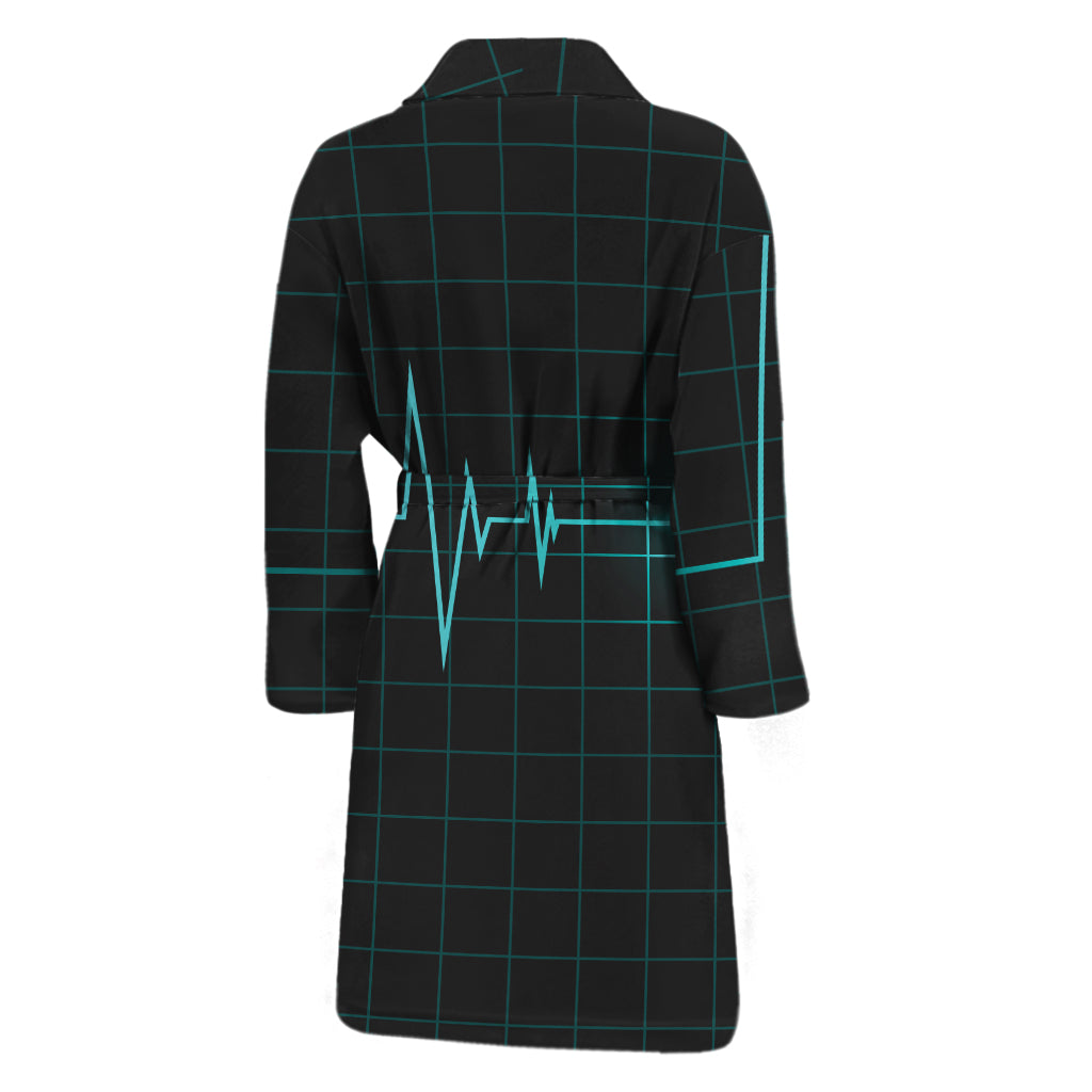 Teal Heartbeat Print Men's Bathrobe