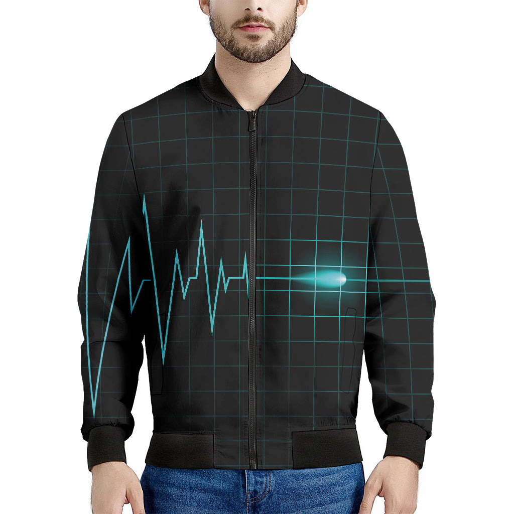 Teal Heartbeat Print Men's Bomber Jacket