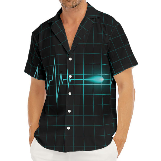 Teal Heartbeat Print Men's Deep V-Neck Shirt