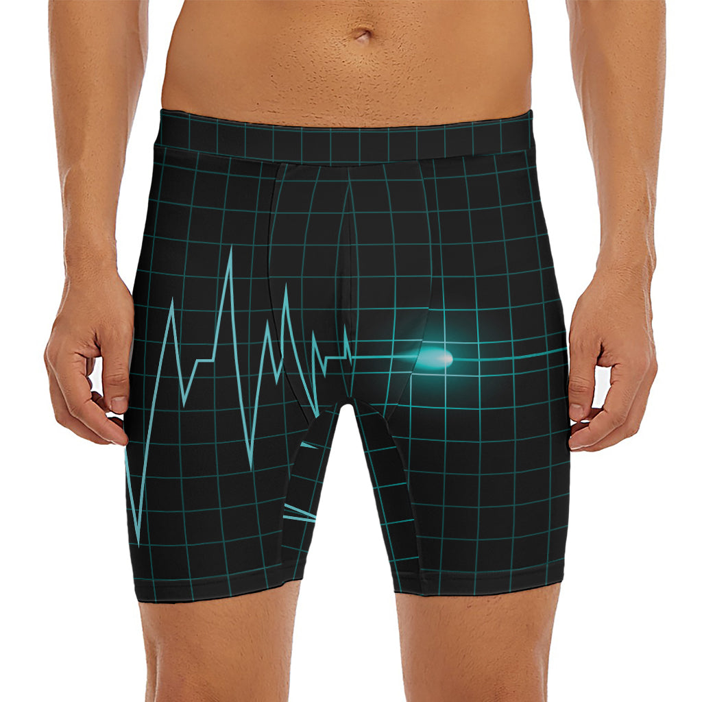 Teal Heartbeat Print Men's Long Boxer Briefs