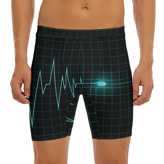 Teal Heartbeat Print Men's Long Boxer Briefs