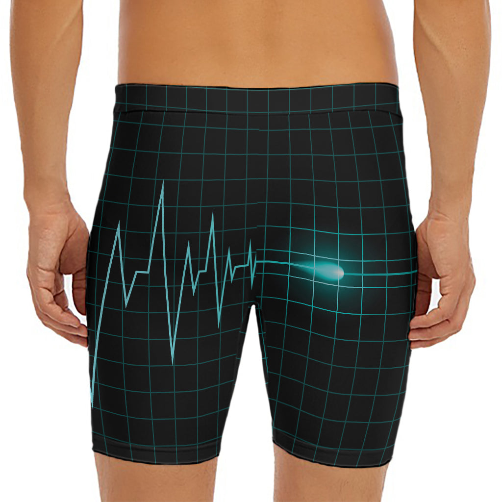 Teal Heartbeat Print Men's Long Boxer Briefs