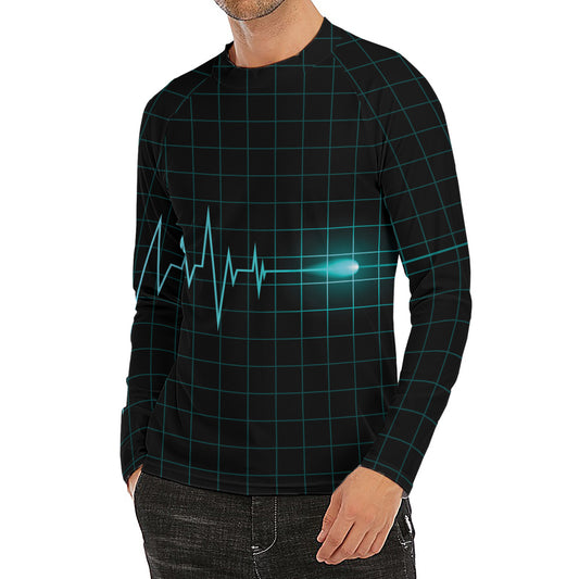 Teal Heartbeat Print Men's Long Sleeve Rash Guard
