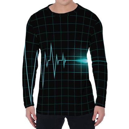 Teal Heartbeat Print Men's Long Sleeve T-Shirt