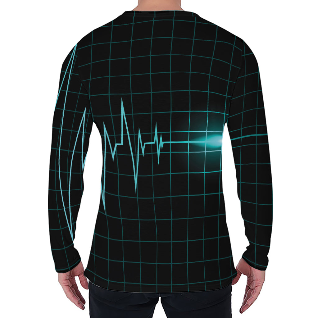 Teal Heartbeat Print Men's Long Sleeve T-Shirt