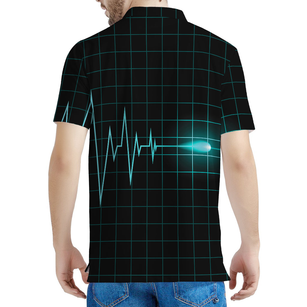 Teal Heartbeat Print Men's Polo Shirt