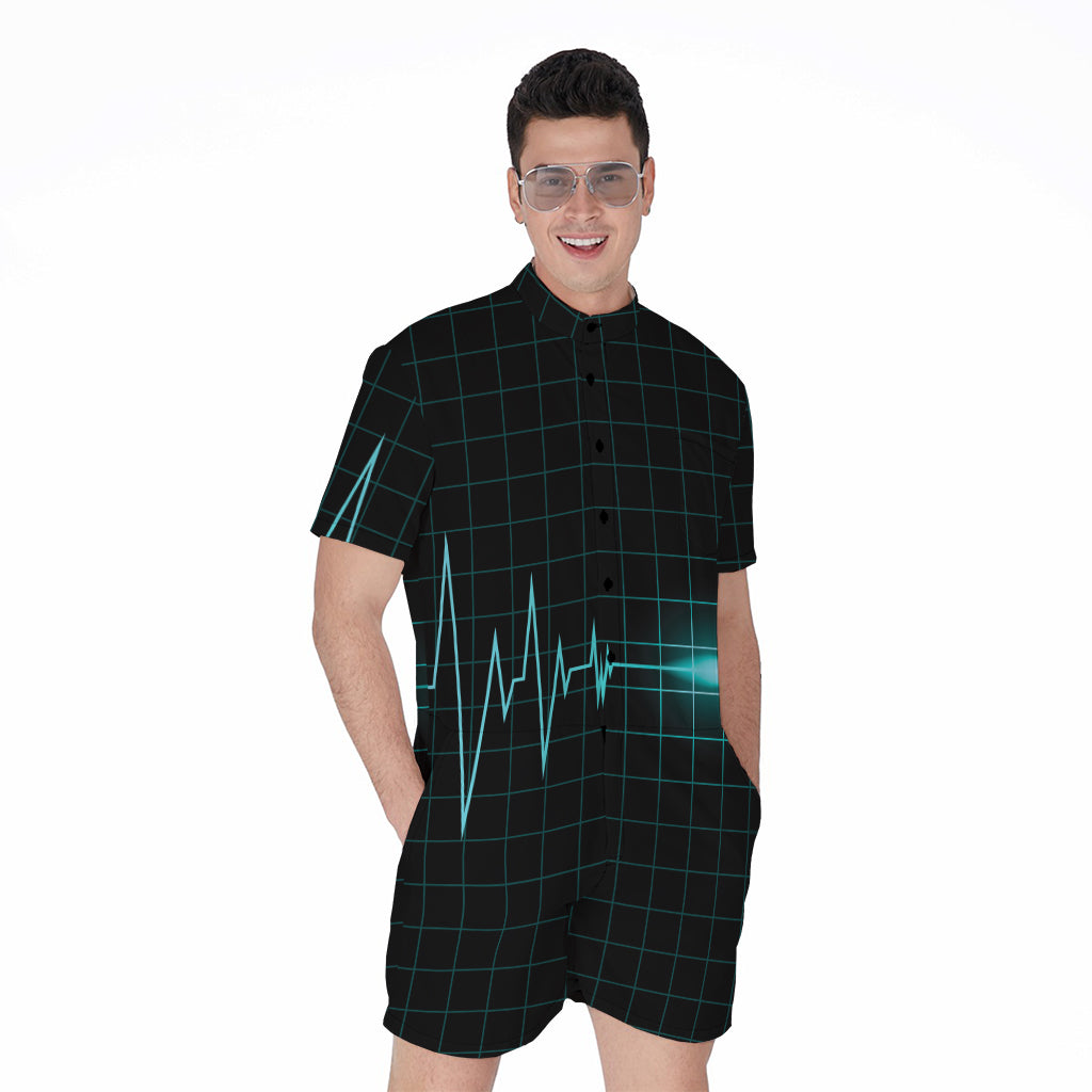 Teal Heartbeat Print Men's Rompers