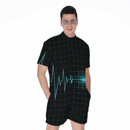 Teal Heartbeat Print Men's Rompers