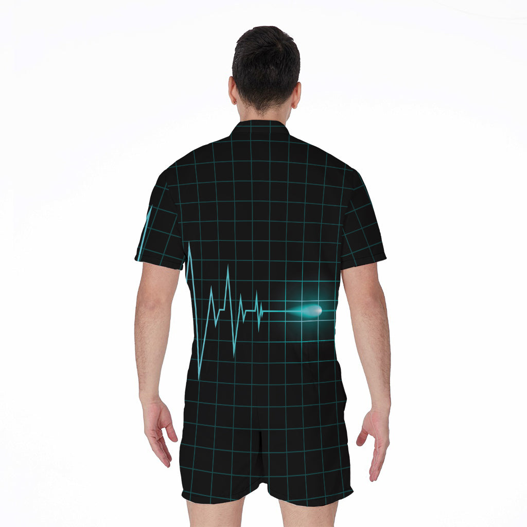 Teal Heartbeat Print Men's Rompers