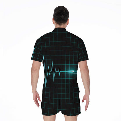 Teal Heartbeat Print Men's Rompers