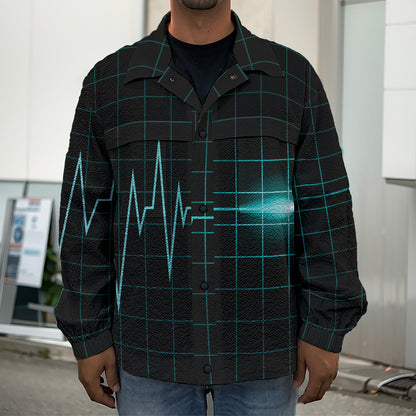 Teal Heartbeat Print Men's Shirt Jacket