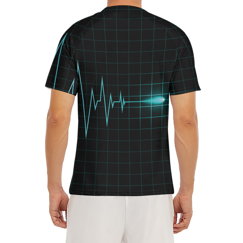 Teal Heartbeat Print Men's Short Sleeve Rash Guard
