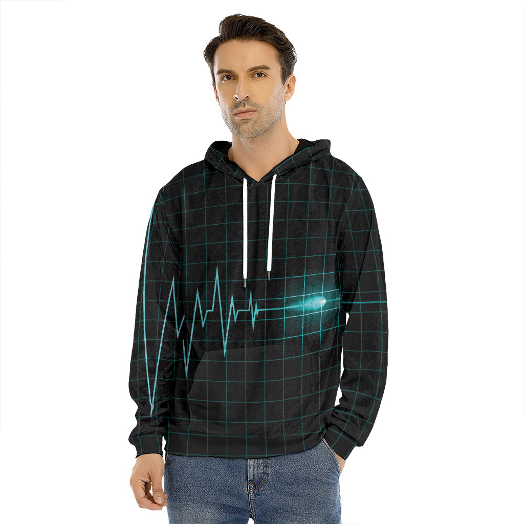 Teal Heartbeat Print Men's Velvet Pullover Hoodie