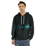 Teal Heartbeat Print Men's Velvet Pullover Hoodie