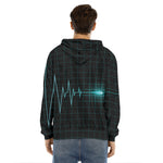 Teal Heartbeat Print Men's Velvet Pullover Hoodie