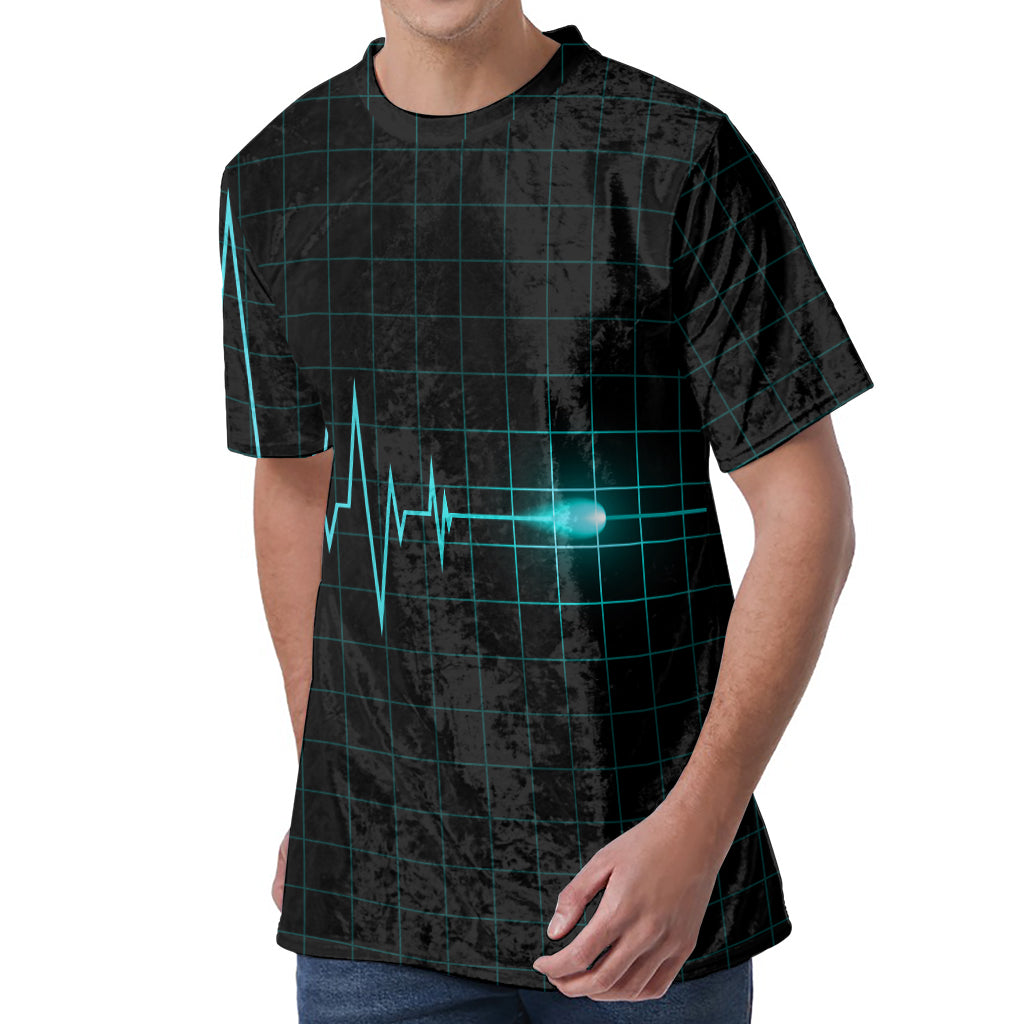 Teal Heartbeat Print Men's Velvet T-Shirt