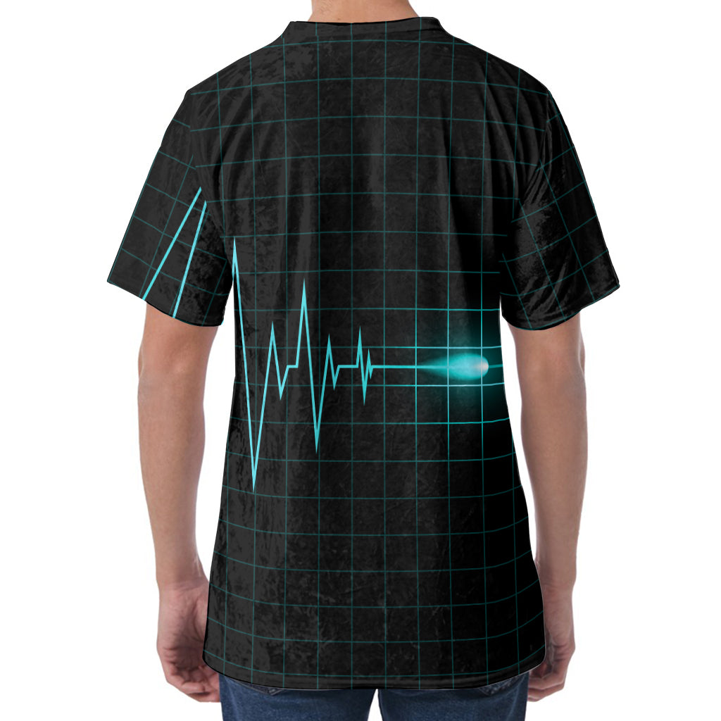 Teal Heartbeat Print Men's Velvet T-Shirt