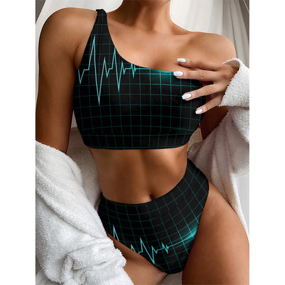 Teal Heartbeat Print One Shoulder Bikini Top