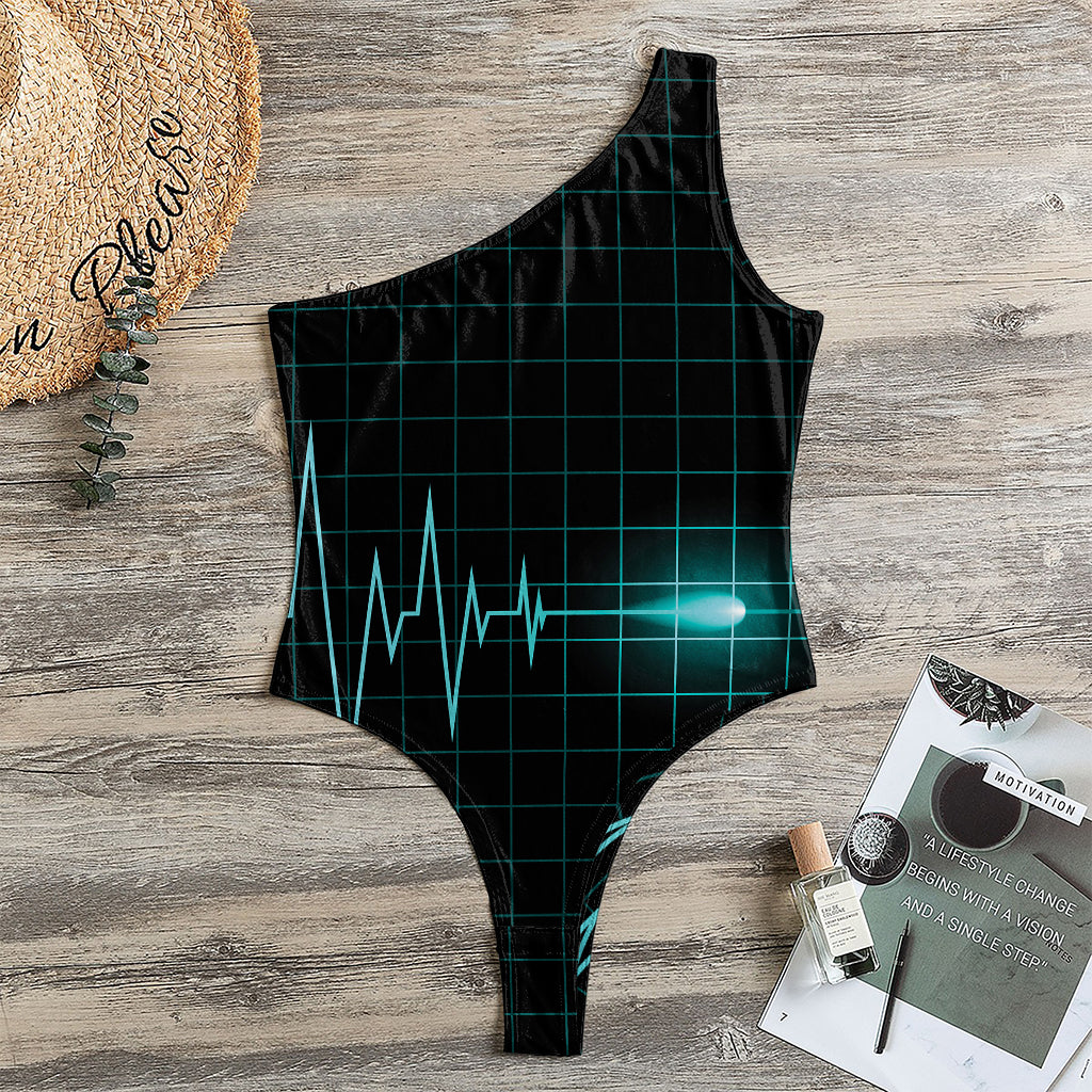 Teal Heartbeat Print One Shoulder Bodysuit