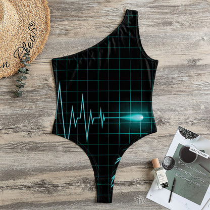 Teal Heartbeat Print One Shoulder Bodysuit