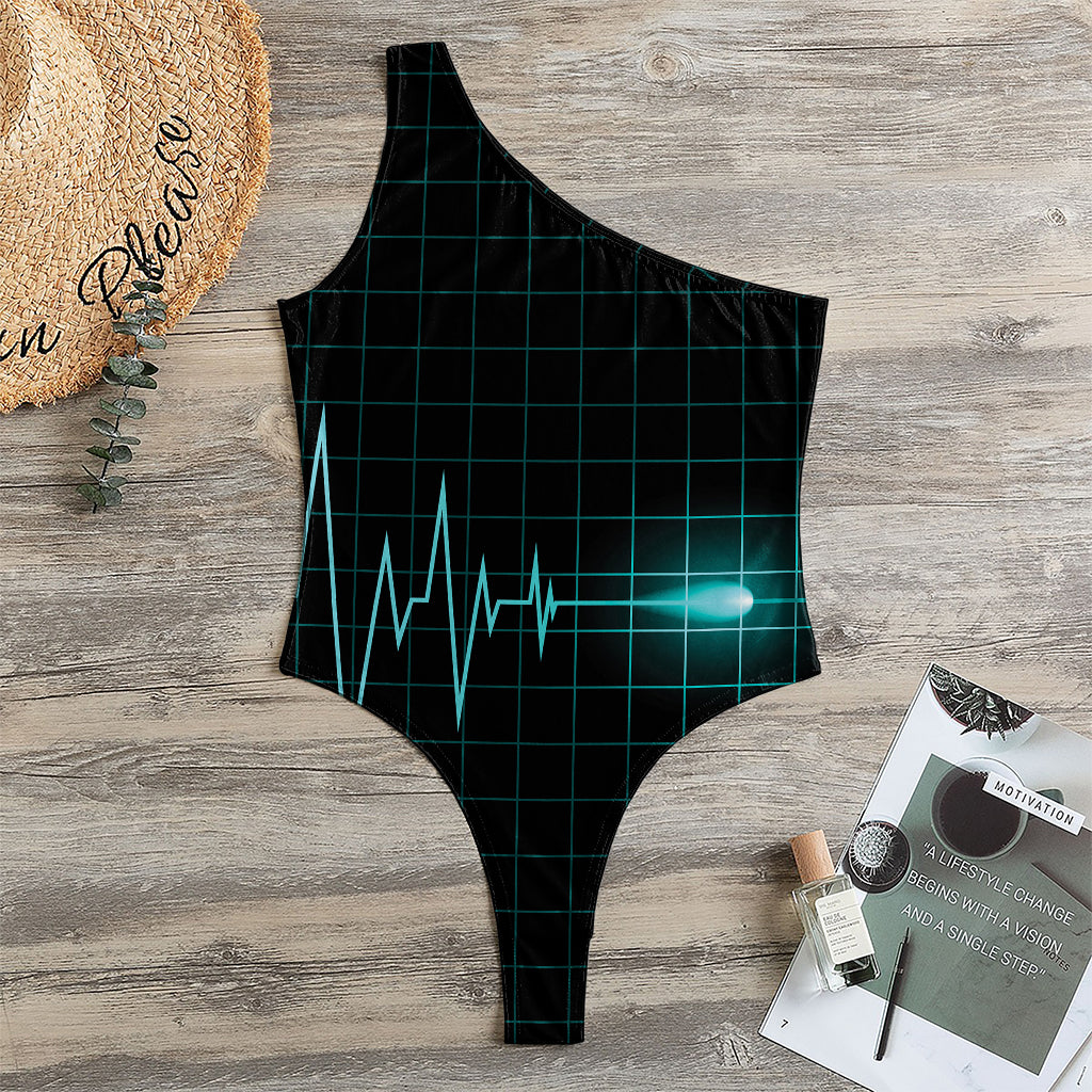 Teal Heartbeat Print One Shoulder Bodysuit