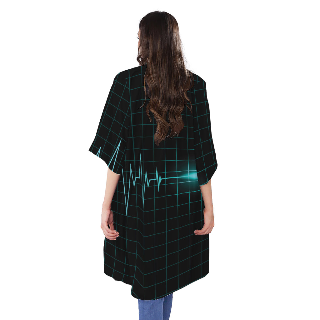 Teal Heartbeat Print Open Front Beach Cover Up