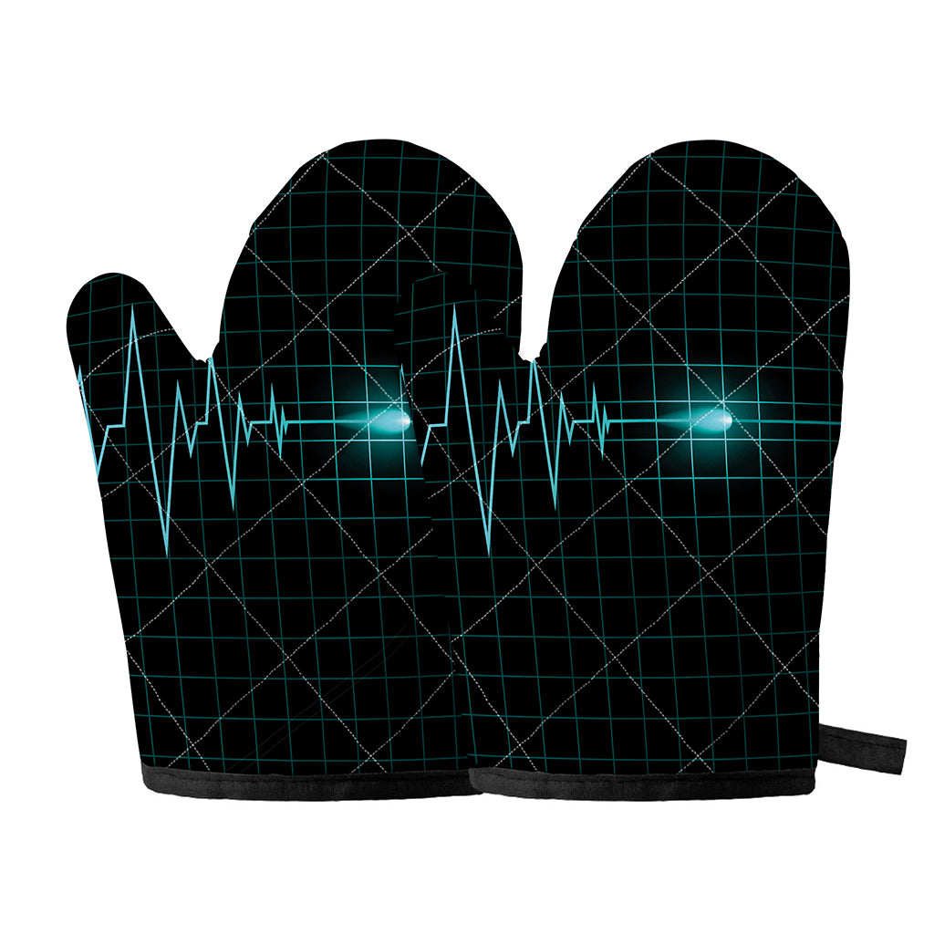Teal Heartbeat Print Oven Mitts