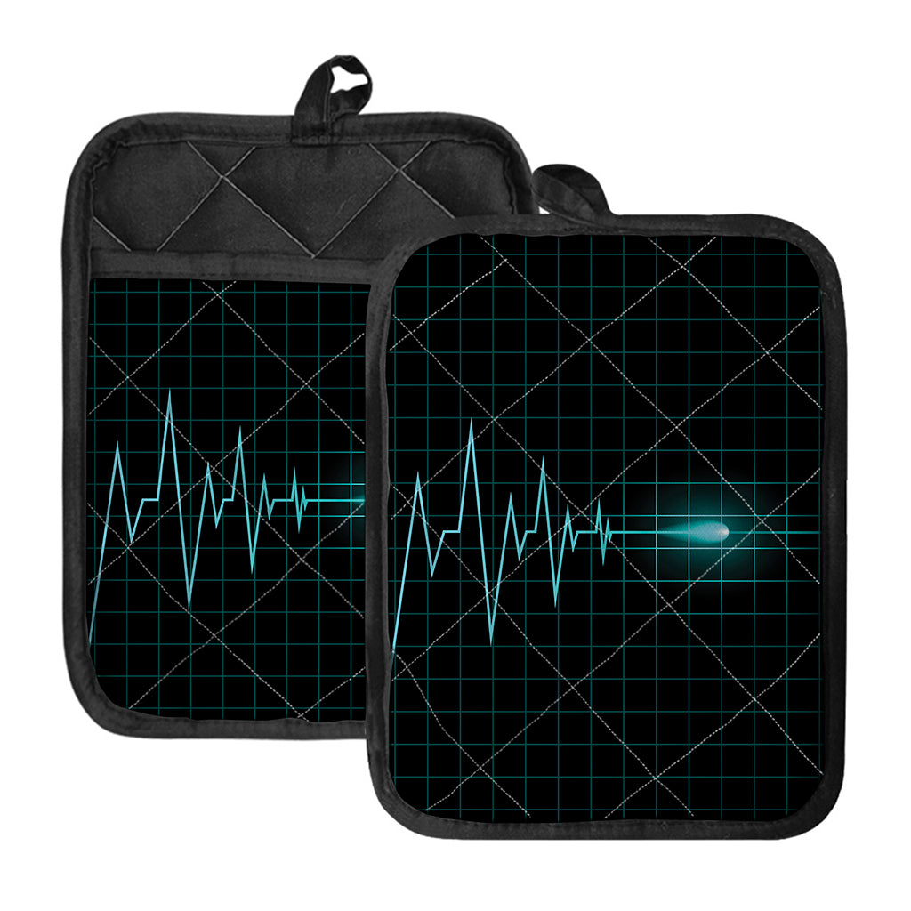 Teal Heartbeat Print Pot Holders With Pocket