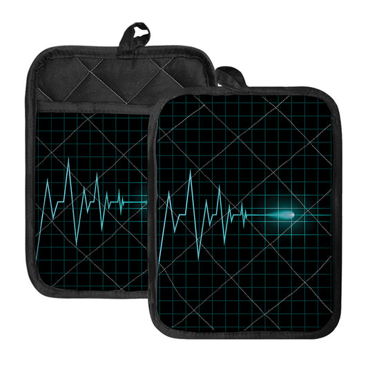 Teal Heartbeat Print Pot Holders With Pocket