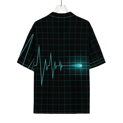 Teal Heartbeat Print Rayon Hawaiian Shirt