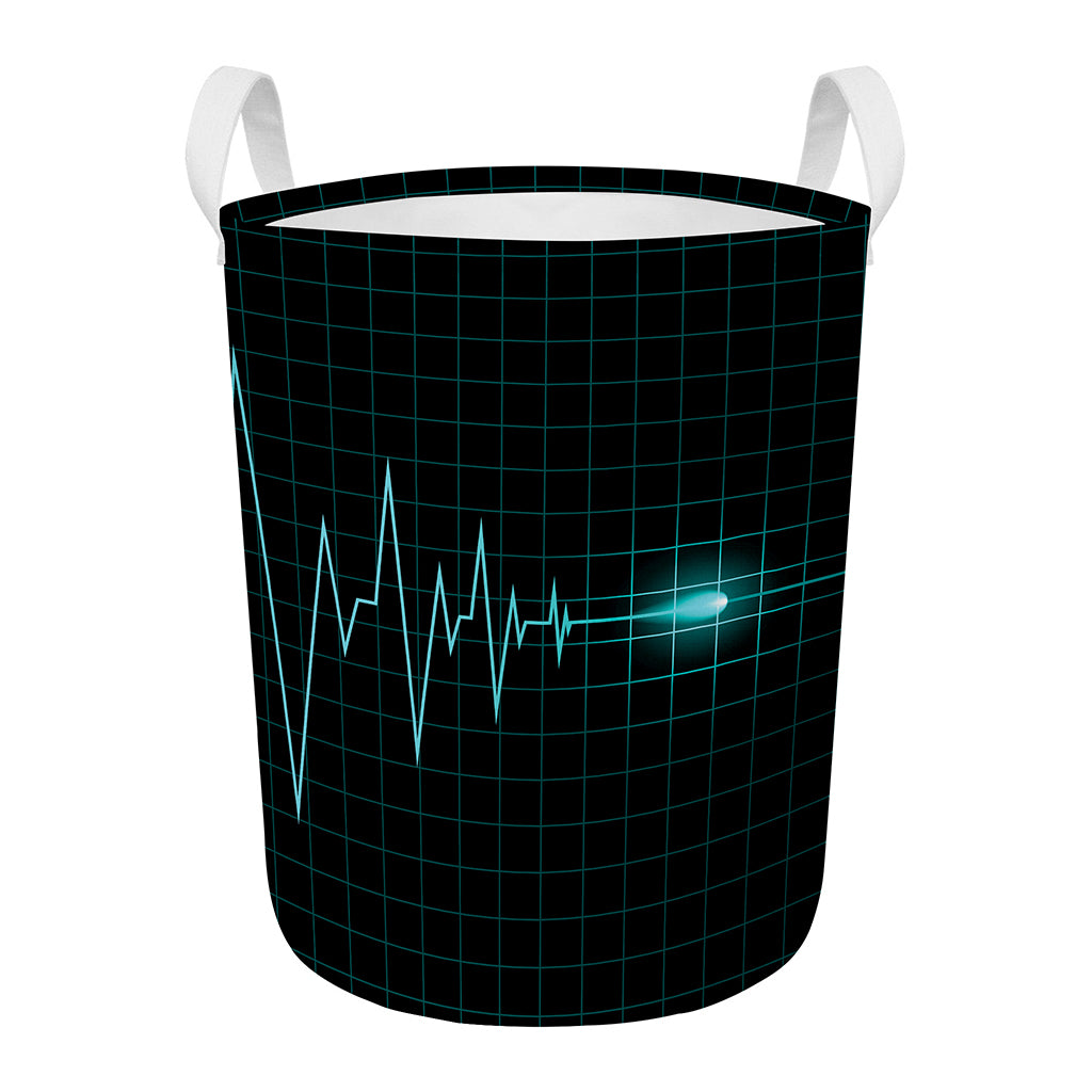 Teal Heartbeat Print Round Laundry Basket