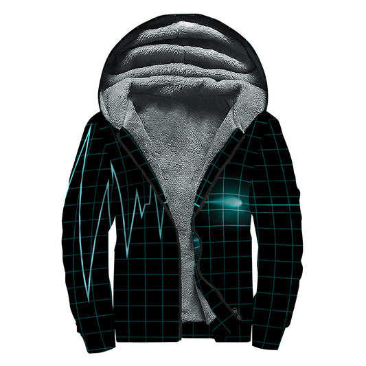 Teal Heartbeat Print Sherpa Lined Zip Up Hoodie