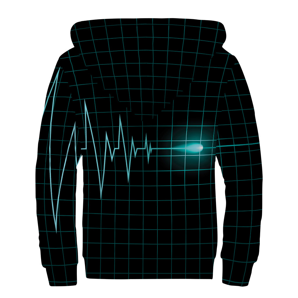Teal Heartbeat Print Sherpa Lined Zip Up Hoodie