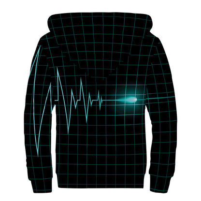 Teal Heartbeat Print Sherpa Lined Zip Up Hoodie
