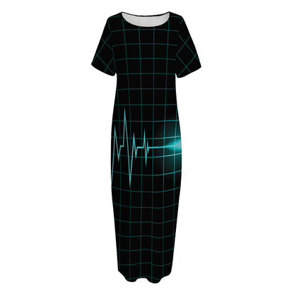 Teal Heartbeat Print Short Sleeve Long Nightdress