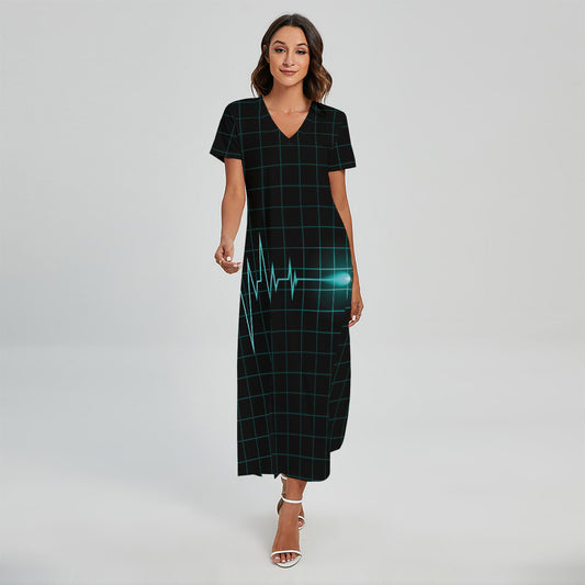 Teal Heartbeat Print Short Sleeve Maxi Dress