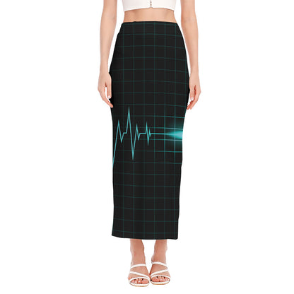 Teal Heartbeat Print Side Slit Maxi Skirt