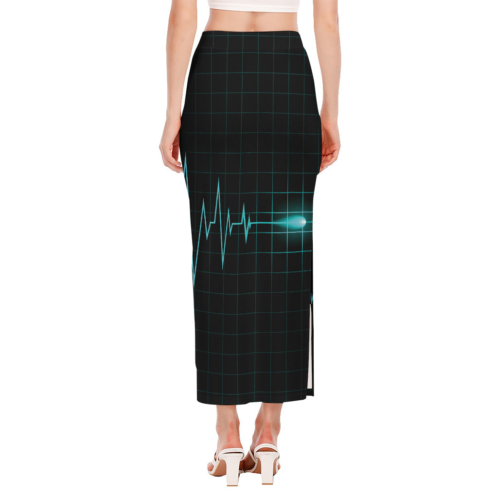 Teal Heartbeat Print Side Slit Maxi Skirt