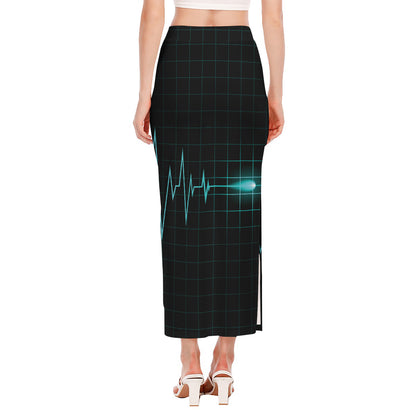 Teal Heartbeat Print Side Slit Maxi Skirt