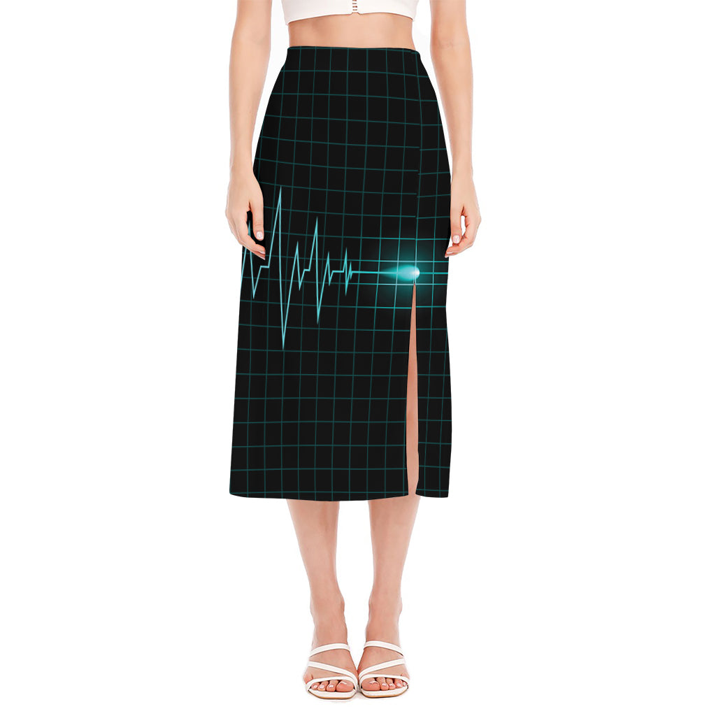 Teal Heartbeat Print Side Slit Midi Skirt