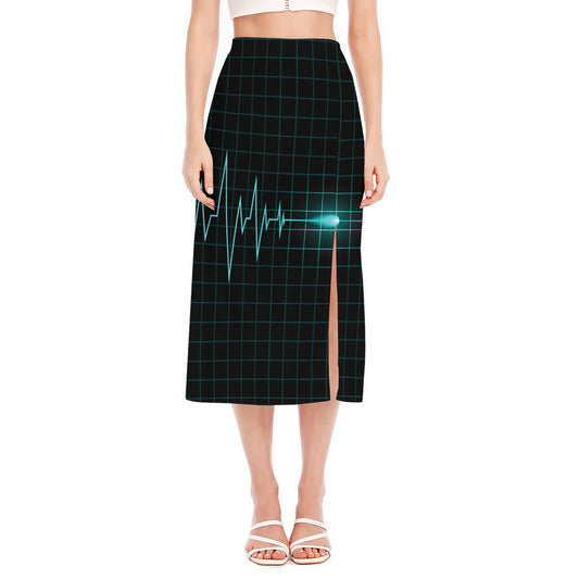 Teal Heartbeat Print Side Slit Midi Skirt