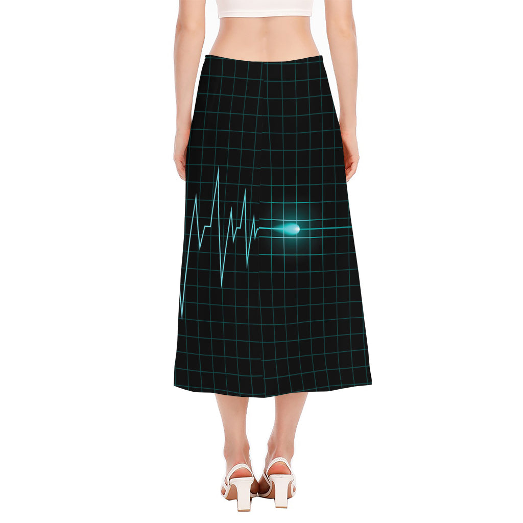 Teal Heartbeat Print Side Slit Midi Skirt